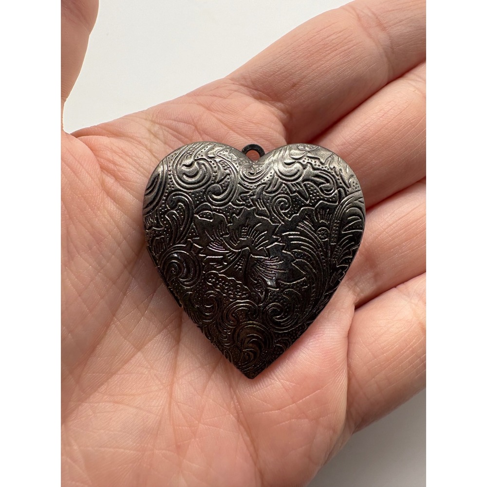 Vintage Style Heart Locket Pendant Embossed Floral Antiqued Silver Gold Tone